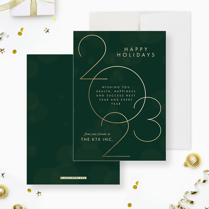 2023 Happy Holidays Card in Green and Gold, Modern Business Christmas Cards, Elegant Company Holiday Cards, Family Christmas Greeting Cards