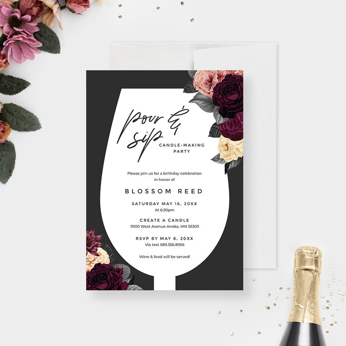Wine Birthday Party Invitations, Floral Pour and Sip Invites, Wine Tasting Party, Winery Party Invites with Flowers, Elegant Wine Bachelorette
