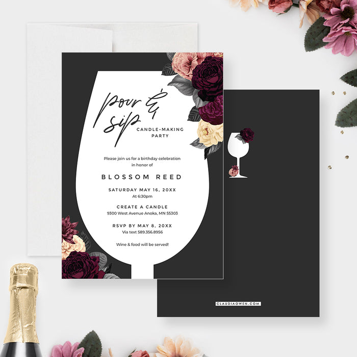 Wine Birthday Party Invitations, Floral Pour and Sip Invites, Wine Tasting Party, Winery Party Invites with Flowers, Elegant Wine Bachelorette