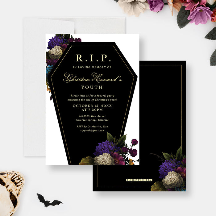 RIP to My Youth Birthday Party Invitation, Death to My 20s Birthday Party Invites, 20th 30th 40th Birthday, Funeral Themed Birthday, Coffin Birthday Card with Flowers