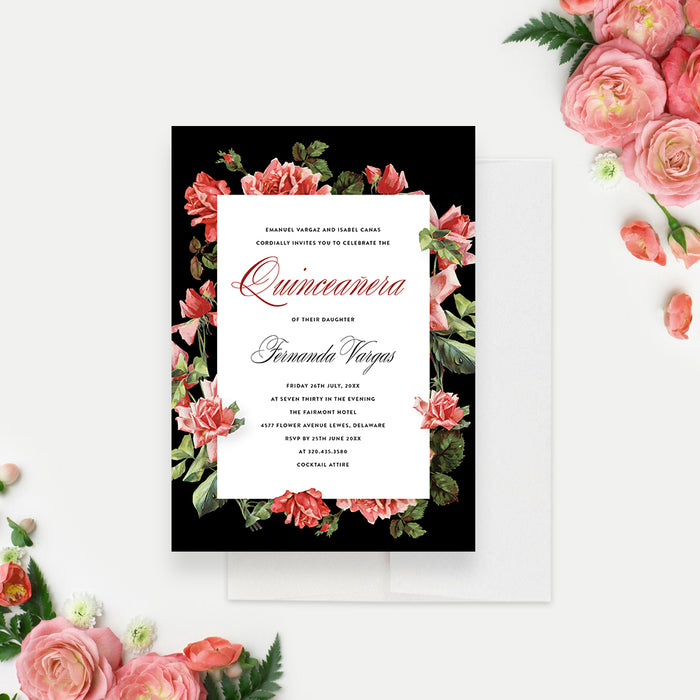 Floral Quinceanera Invitations with Vintage Rose Illustrations, Teen Girl Birthday Invitation Card, 15th Birthday Party Invite Cards, Sweet 16 Birthday Invites