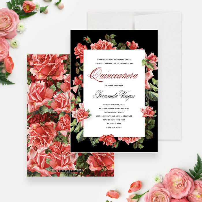 Floral Quinceanera Invitations with Vintage Rose Illustrations, Teen Girl Birthday Invitation Card, 15th Birthday Party Invite Cards, Sweet 16 Birthday Invites