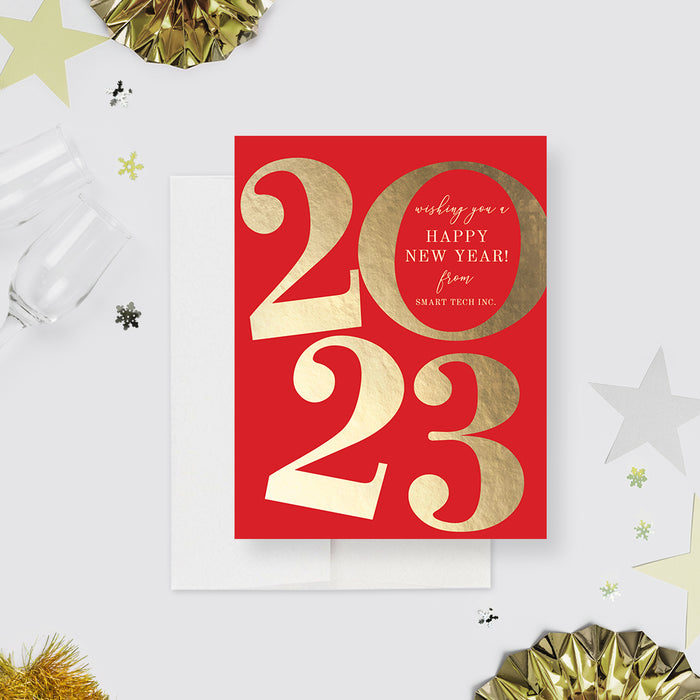 2023 Happy New Year Card, Red and Gold Holiday Cards, Corporate New Year Greeting Card, Elegant Business New Year Cards, Modern Christmas Cards