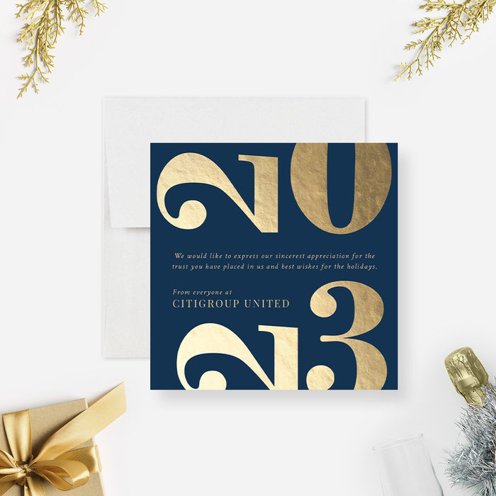 2023 Holiday Cards, Happy New Year Card, Elegant Christmas Cards for Businesses, New Year Greeting Card for Companies, Blue and Gold Company New Year Card