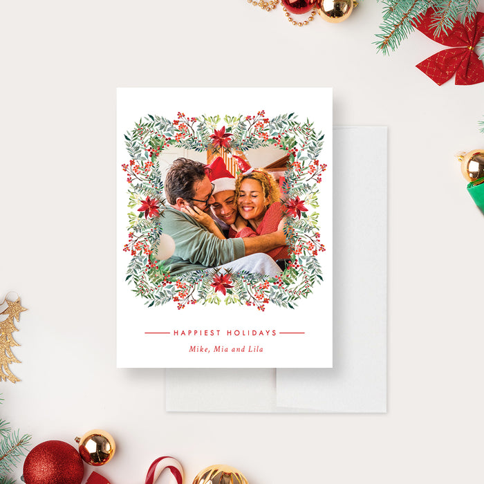Happiest Holidays Wishes Christmas Card with Photo, Christmas Foliage Photo Cards, Happy Holidays Card with Picture, Family Holiday Photo Card