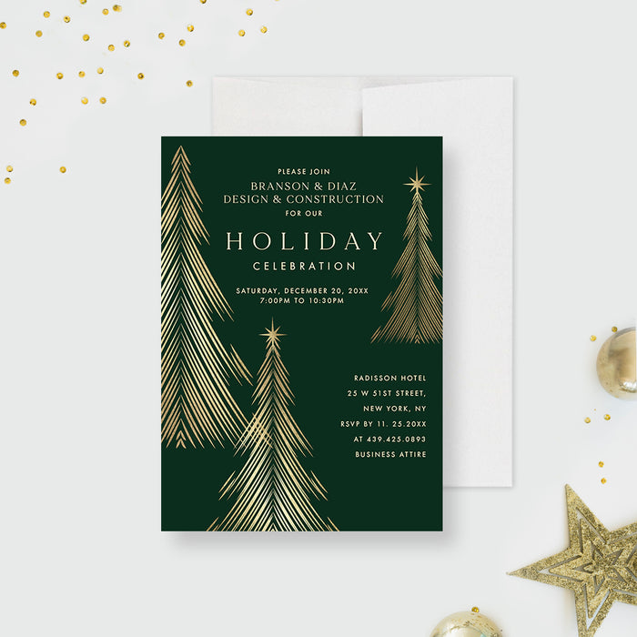 Holiday Celebration Invitation Card with Green and Gold Christmas Trees, Elegant Business Christmas Party Invitations, Company Holiday Party Invite Cards