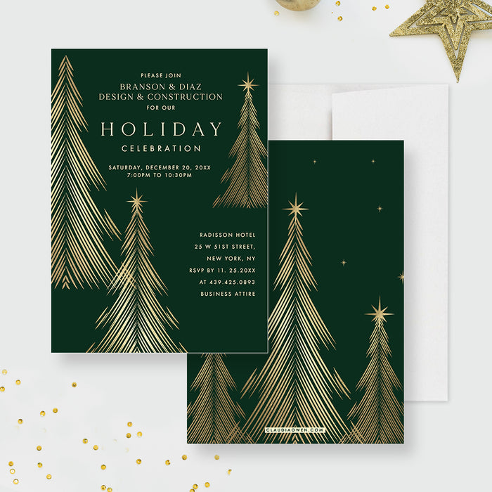 Holiday Celebration Invitation Card with Green and Gold Christmas Trees, Elegant Business Christmas Party Invitations, Company Holiday Party Invite Cards