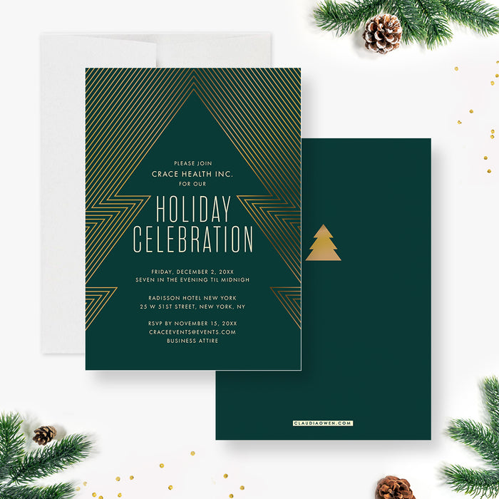 Unique Holiday Party Invitation Card, Company Christmas Party Invitations with Christmas Tree, Elegant Corporate Holiday Party Invite Cards in Green and Gold
