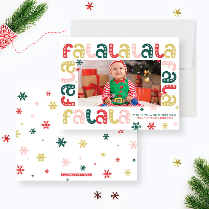 Fa La La La La Christmas Card with Photo, Colorful Christmas Photo Cards, Personalized Family Christmas Greeting Cards with Picture, Snowflake Holiday Cards