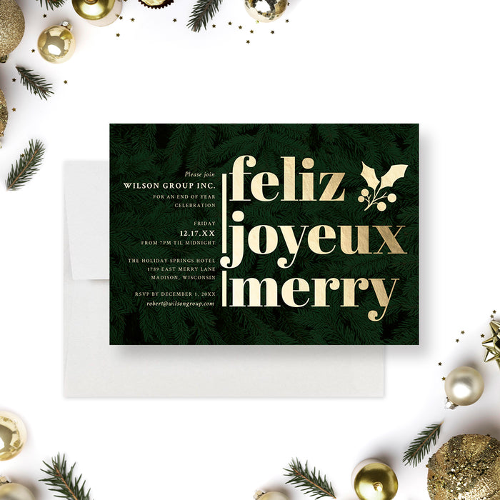 Green and Gold Holiday Invitations, Company Christmas Party Invitations, Feliz Joyeux Merry Business Christmas Party Invites