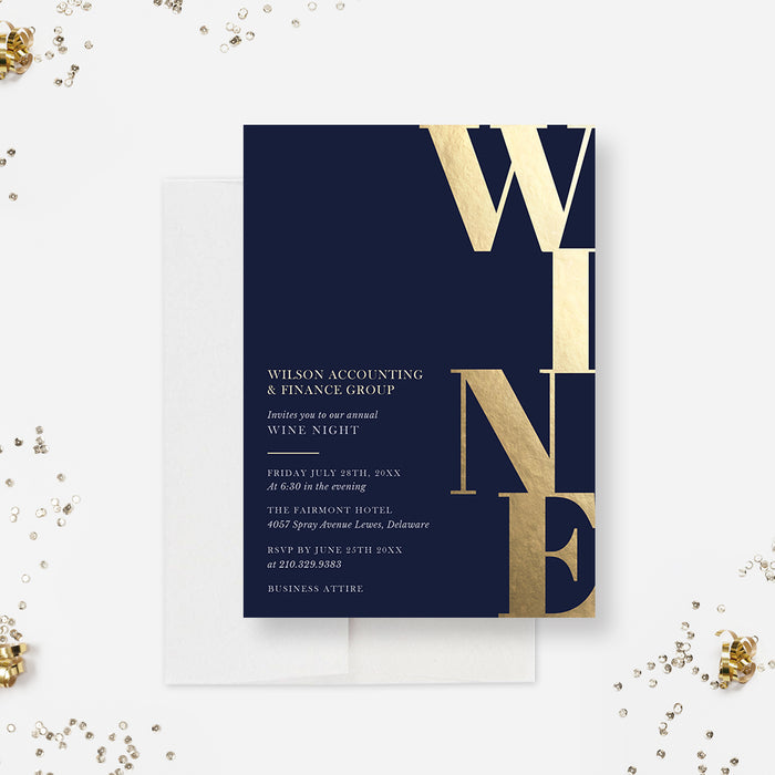 Wine Tasting Party Invitation, Corporate Winery Event Invites, Elegant Wine and Dine Company Annual Party Invitation, Business Wine Night in Navy Blue and Gold