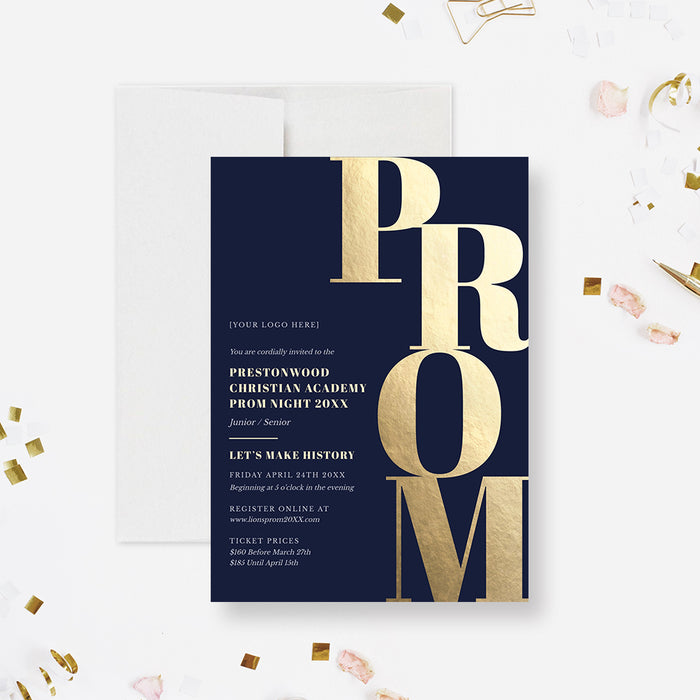 Elegant Prom Invitation Template in Navy Blue and Gold, Formal Prom Ni