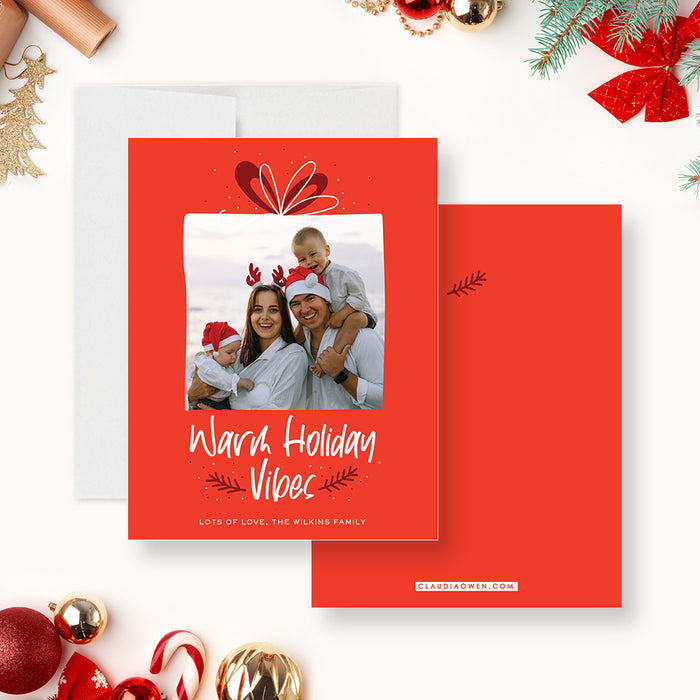 Warm Holiday Wishes Photo Card, Cute Holiday Cards with Photo, Unique Family Christmas Greeting Cards, Red and White Christmas Cards with Picture