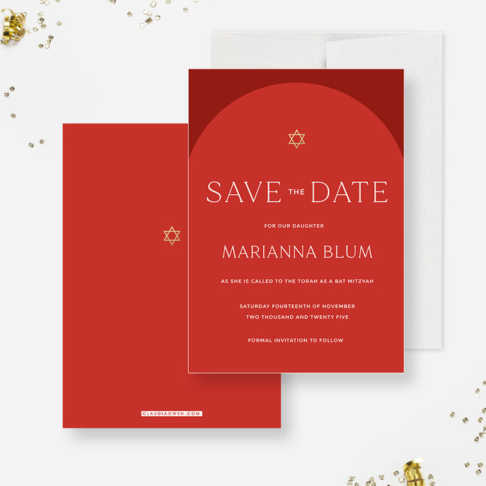 Modern Bat Mitzvah Save the Date with Star of David, Modern Bar Mitzvah Save the Date Cards with Arch, Personalized Red and Gold Jewish Save the Dates