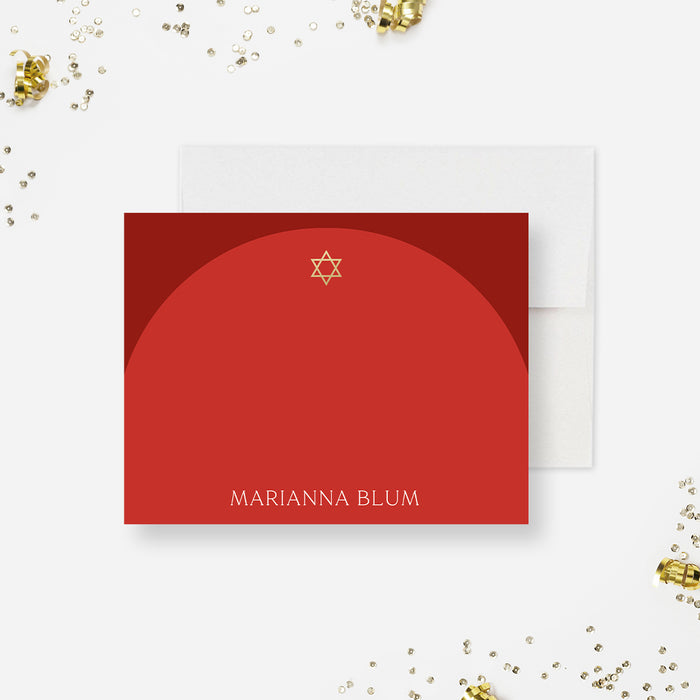 Minimalist Bat Mitzvah Thank You Notes with Gold Star of David, Red Thank You Cards for Bar Mitzvah, Personalized Modern Jewish Stationery with Arch