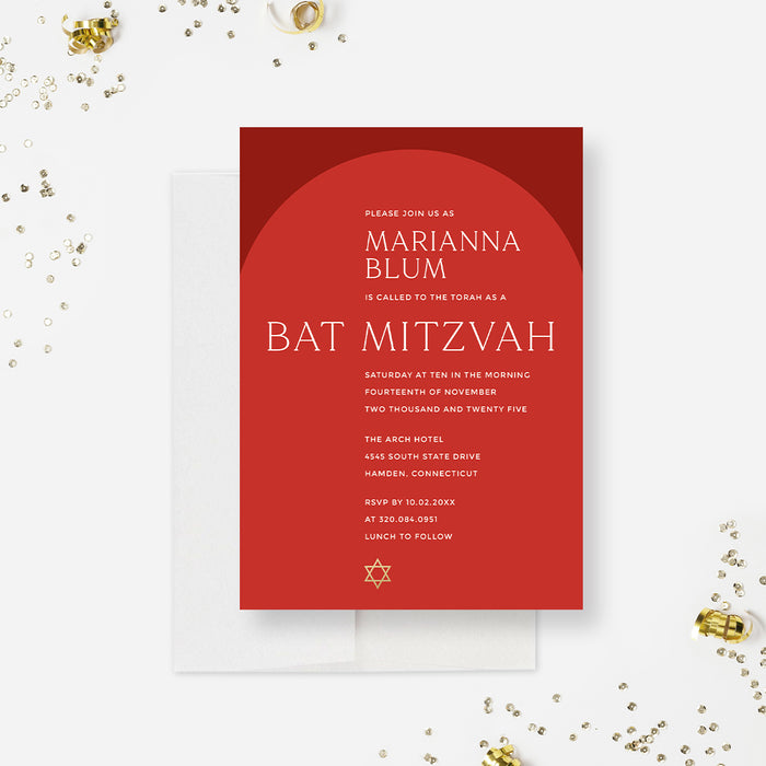 Modern Bat Mitzvah Invitations, Red and Gold Bar Mitzvah Invites with Star of David, Personalized Religious Jewish Celebration Invitation Card with Arch