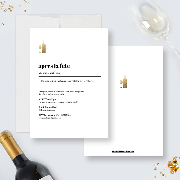 Apres La Fete Invites, After the Holidays Party Invite Cards, Holiday Party Invitation Card, Christmas After Party Celebration in White and Gold