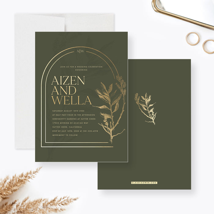 Green and Gold Wedding Invitations, Greenery Anniversary Party Invites with Arch, Elegant Engagement Party Invitation Cards, Rehearsal Dinner Invite Cards
