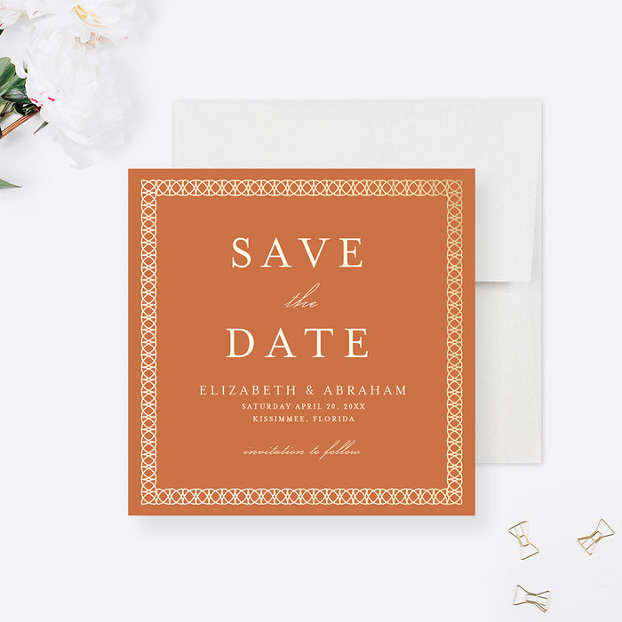 Terracotta Wedding Save the Date with Gold Intricate Border, Burnt Orange Save Our Date Card, Rust Save the Dates, Personalized Birthday Save the Date Cards