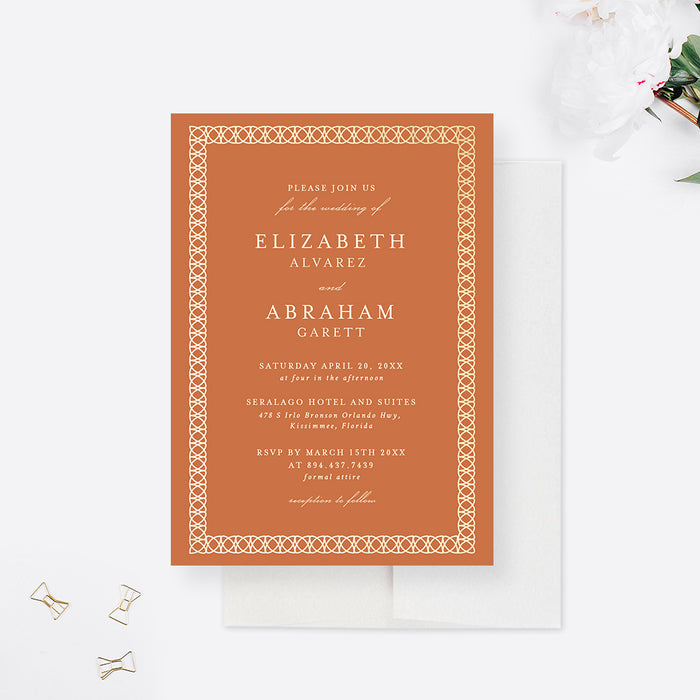 Burnt Orange Wedding Invitation Card with Intricate Gold Border, Rust Orange Anniversary Party Invites, Terracotta Engagement Party, Rehearsal Dinner Cards