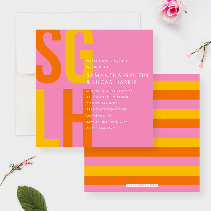 Minimalist and Bright Wedding Invitation Card, Modern Anniversary Party Invites, Colorful Engagement Party, Rehearsal Dinner Invite Cards in Pink Yellow and Orange