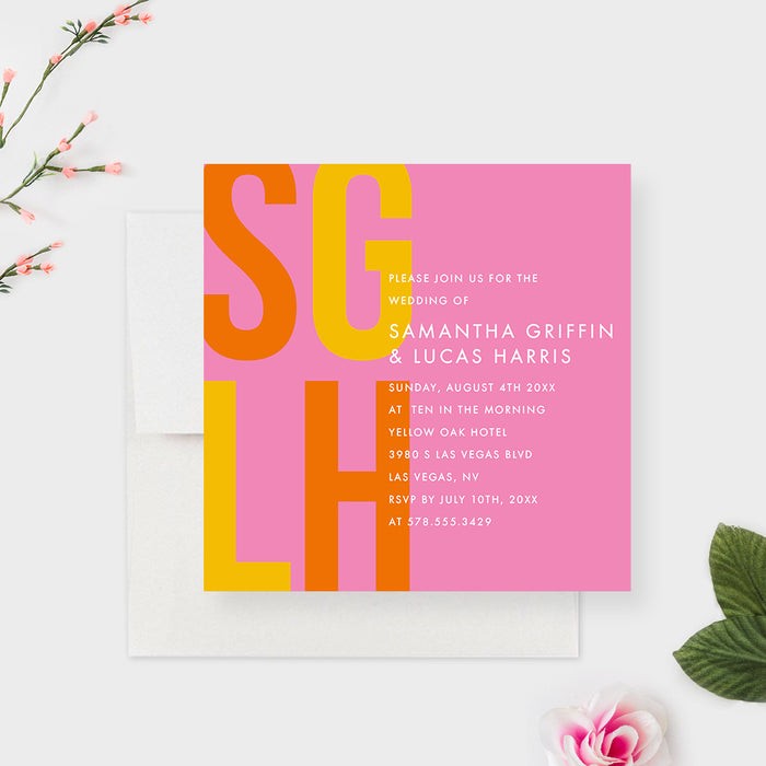 Minimalist and Bright Wedding Invitation Card, Modern Anniversary Party Invites, Colorful Engagement Party, Rehearsal Dinner Invite Cards in Pink Yellow and Orange