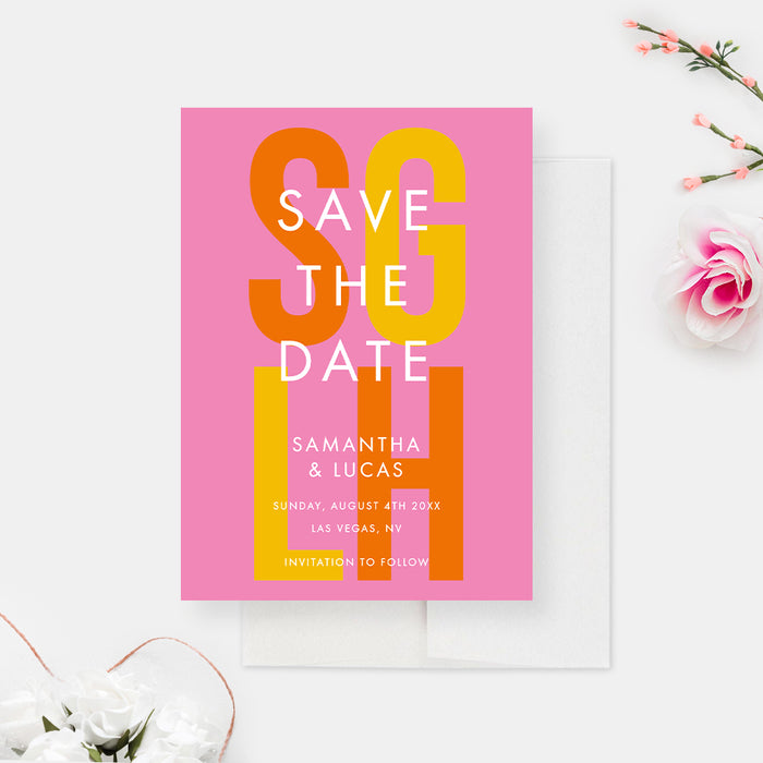 Colorful Wedding Save the Date, Save the Date Cards in Pink Yellow and Orange, Modern and Minimalist Save Our Dates, Personalized Birthday Save the Date Card