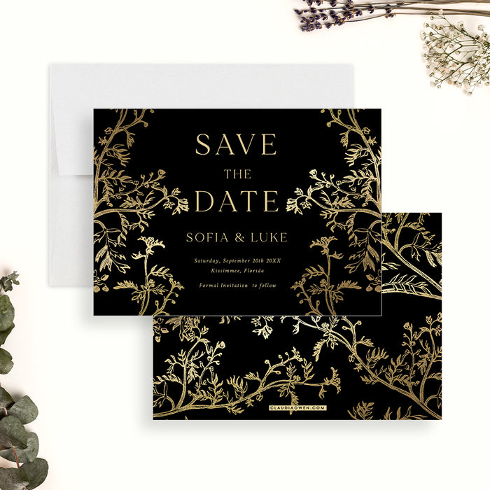 Elegant Wedding Save the Dates with Gold Leave Illustrations, Black and Gold Floral Birthday Save the Date, Classy Save the Date Cards, Botanical Save Our Dates