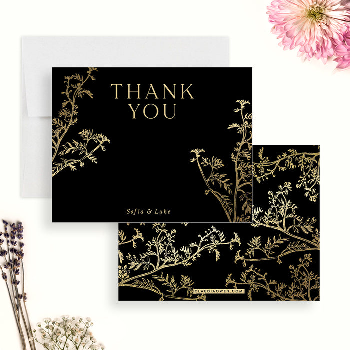 Black and Gold Wedding Thank You Cards with Vintage Illustrated Leaves, Elegant Anniversary Party Thank You Notes, Floral Bridal Shower Thank You Note Cards