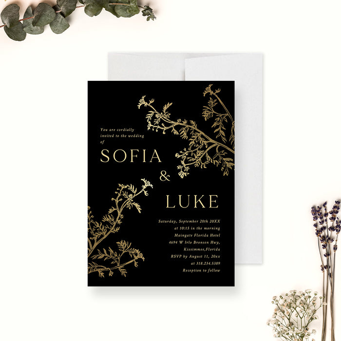 Botanical Wedding Invitations in Black and Gold, Anniversary Garden Party Invitation Card, Elegant Floral Engagement Party Invites, Greenery Bridal Shower Invite Cards