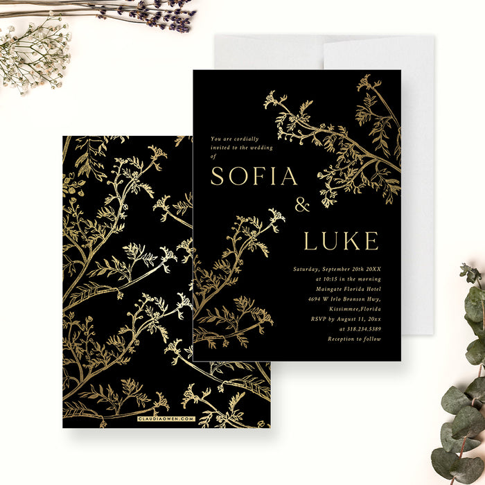Botanical Wedding Invitations in Black and Gold, Anniversary Garden Party Invitation Card, Elegant Floral Engagement Party Invites, Greenery Bridal Shower Invite Cards