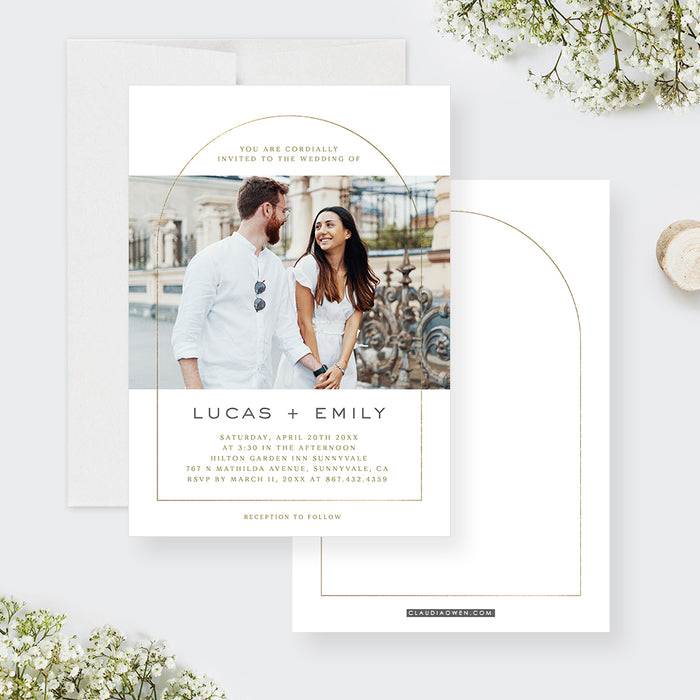 Golden Arch Wedding Invitations with Photo, Elegant Photo Wedding Invitation, Modern Engagement Party Invites, White and Gold Anniversary Party Invite Card