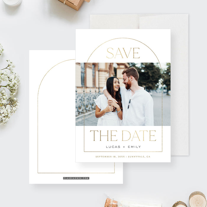 Personalized Wedding Save the Date with Photo, White and Gold Photo Save the Date Cards, Elegant Save the Dates with Golden Arch, Modern Save Our Date Cards