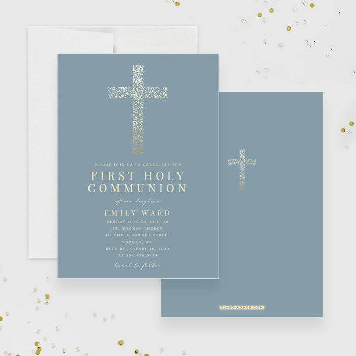 Modern First Holy Communion Invitation, Contemporary Baptism Invitations for Boys and Girls, Religious Confirmation Invite Card, Church Event Invites with Gold Cross