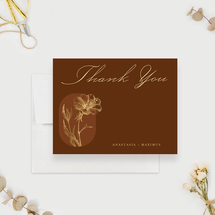 Terracotta Wedding Thank You Cards with Gold Flower, Elegant Fall Thank You Notes, Personalized Boho Anniversary Party, Vintage Burnt Orange Note Cards