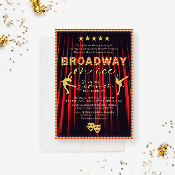 Broadway on Ice Invitation Card, Theatre Play Invitations, Broadway Musical Invites, Personalized Red and Gold Theater Show Invite Cards, Ice Skating Performance