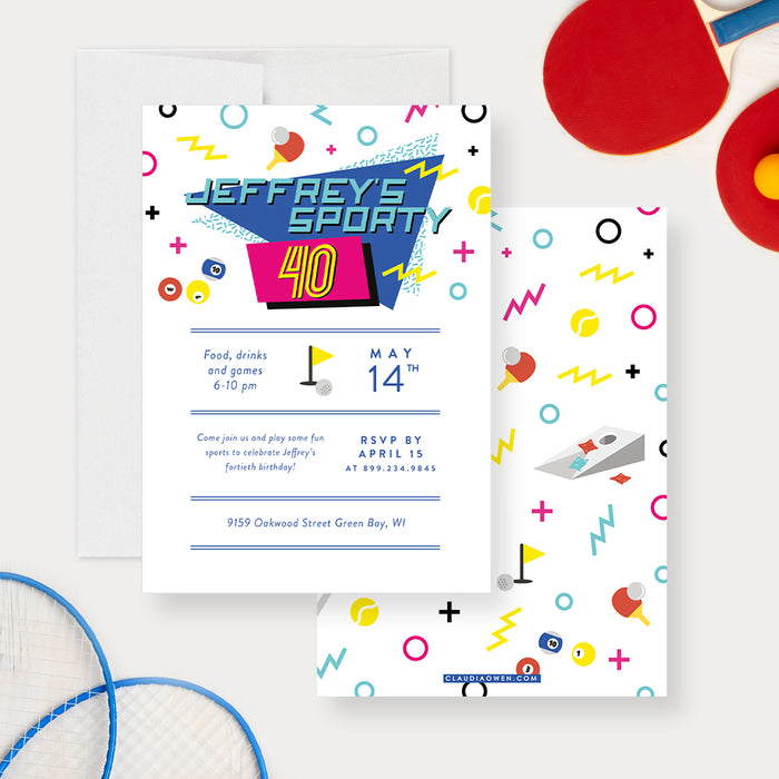 Sports Themed Birthday Party Invitation Card, 80s Sport Party Birthday Invites for Sports Fans and Sports Lovers, 1980s Birthday Cards for Men and Women