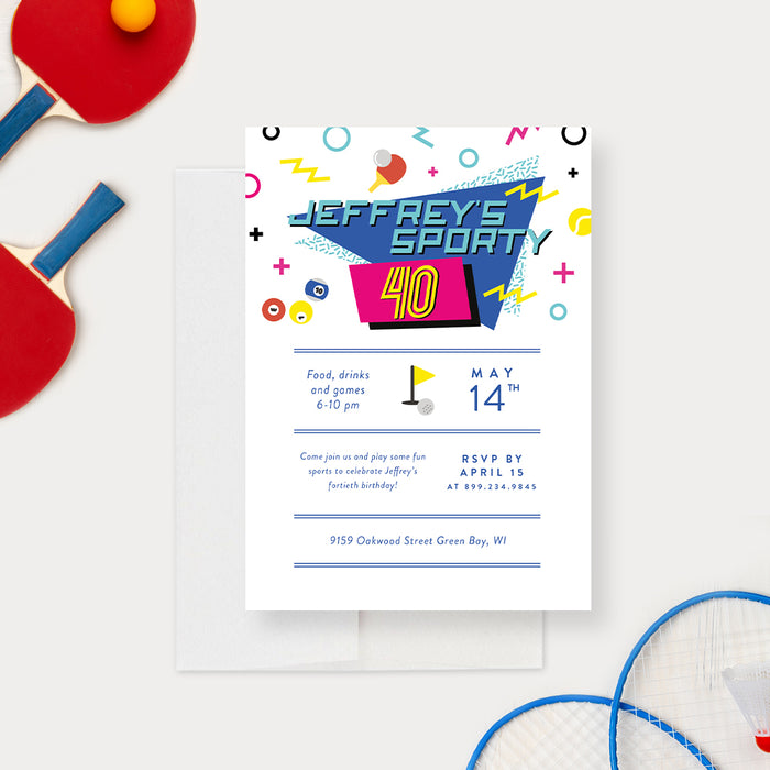Sports Themed Birthday Party Invitation Card, 80s Sport Party Birthday Invites for Sports Fans and Sports Lovers, 1980s Birthday Cards for Men and Women