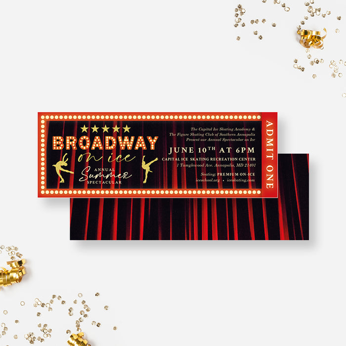 Broadway Show Tickets, Theatre Play Tickets, Musical Theater Tickets, Broadway On Ice Event Ticket, Red and Gold Admit One Ticket, Performance Invitation Ticket