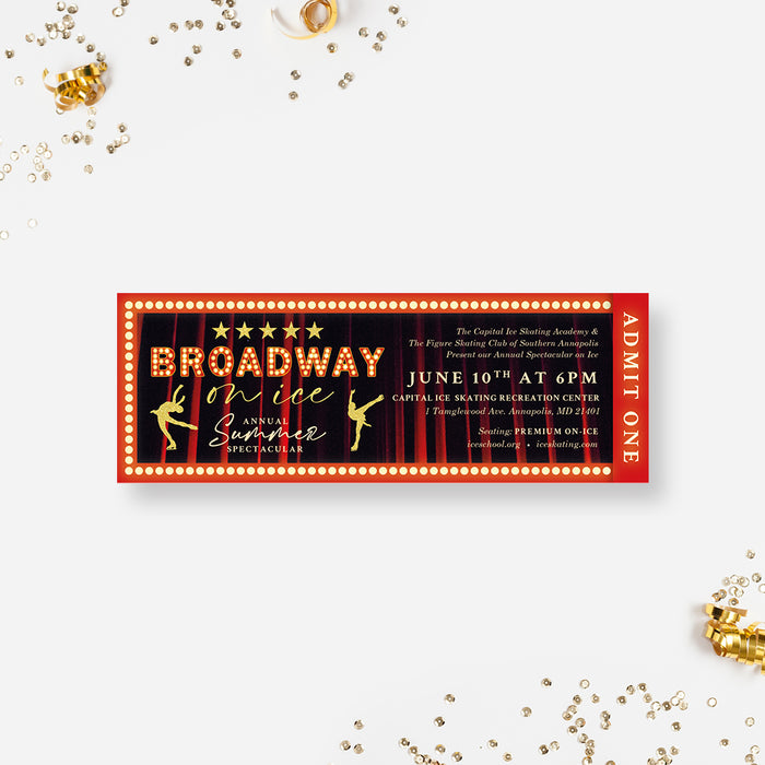 Broadway Show Tickets, Theatre Play Tickets, Musical Theater Tickets, Broadway On Ice Event Ticket, Red and Gold Admit One Ticket, Performance Invitation Ticket