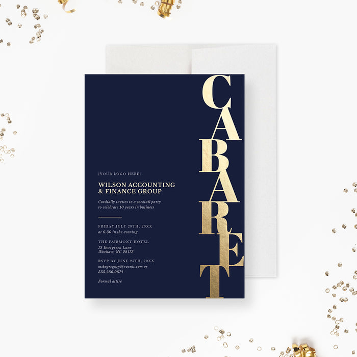Elegant Cabaret Themed Party Invitations, Navy and Gold Company Anniversary Invites, Modern Corporate Event Invitation Card, Business Dinner Invite Cards