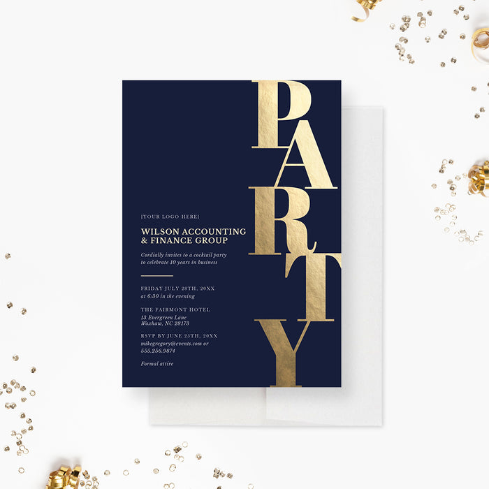 Navy Blue and Gold Corporate Party Invitation Card, Elegant Business Anniversary Party Invites, Modern Company Event Invitations, Annual Dinner Invite Cards