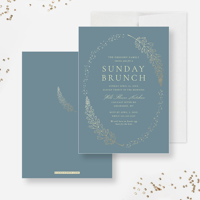 Modern Easter Birthday Invitation Card, Elegant Brunch Invitations with Gold Foliage, Sunday Brunch Invite, Personalized Easter Egg Hunt Party Invite Cards