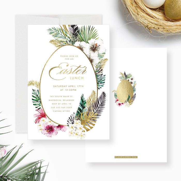 Elegant Easter Lunch Invitations, Sunday Brunch Invites, Easter Egg Hunt Party Invite Card with Gold Egg Border, Personalized Easter Birthday Card with Watercolor Foliage