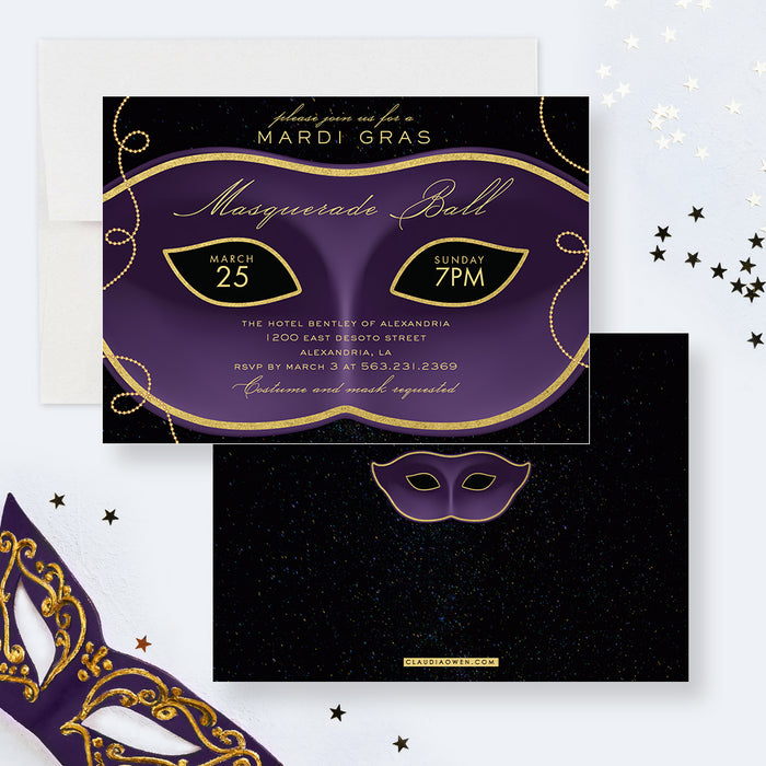 Masquerade Ball Invitation Card, Mardi Gras Invite Cards, Personalized Elegant Masquerade Party Invites with Mask Illustration