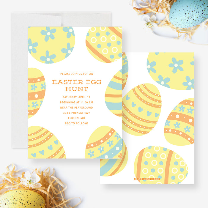 Unique Easter Egg Hunt Invitation Card, Easter Scavenger Hunt Invitations, Personalized Easter Invite Cards with Easter Egg Illustrations