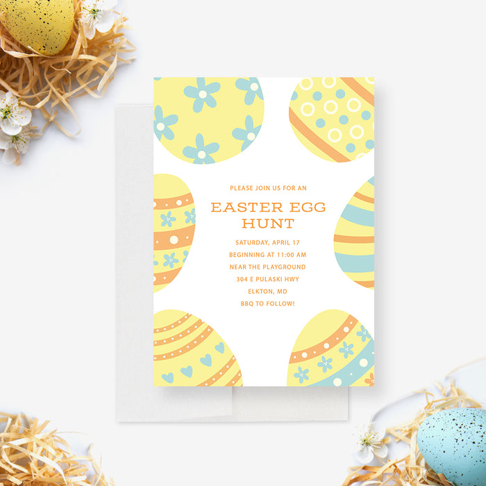 Unique Easter Egg Hunt Invitation Card, Easter Scavenger Hunt Invitations, Personalized Easter Invite Cards with Easter Egg Illustrations
