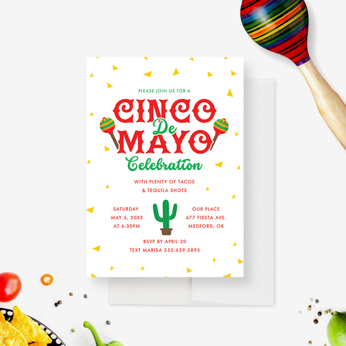 Cinco De Mayo Invitations, Mexican Themed Invites, Mexican Fiesta Party Invite Cards with Maracas, 5 De Mayo Celebration with Cactus Illustration