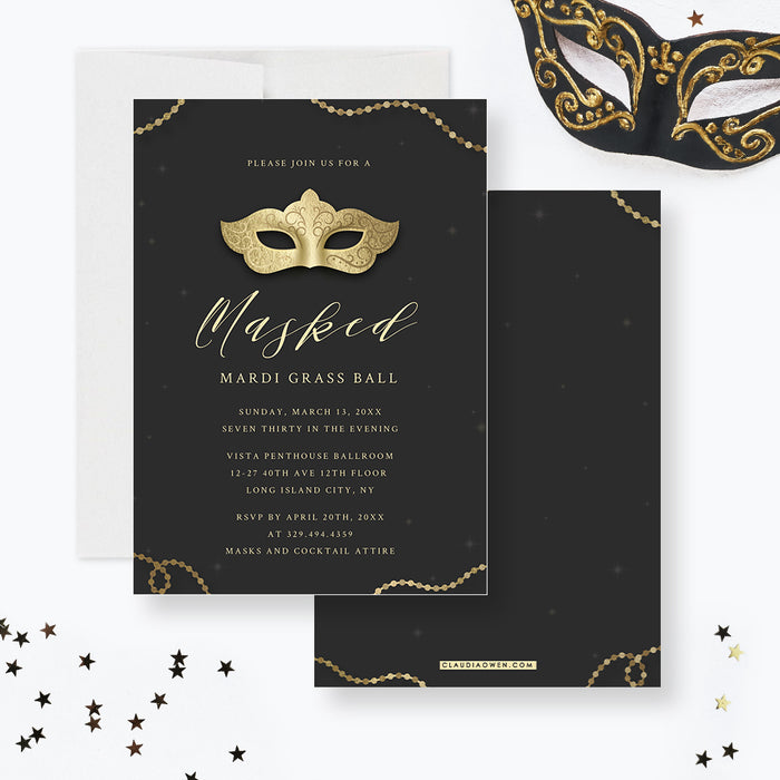 Black and Gold Masquerade Invitations, Elegant Mardi Gras Ball Invites, Masked Ball Invitation Card, Masquerade Party Invite Card with Mask Illustration