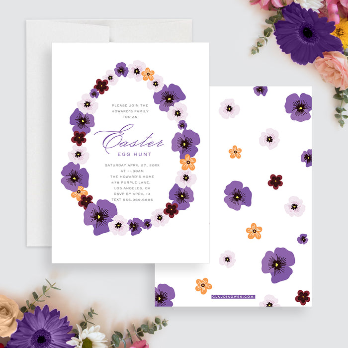 Easter Egg Hunt Invitation Card with Floral Egg Shaped Border, Easter Birthday Invitations with Flowers, Outdoor Easter Picnic Invites, Easter Brunch